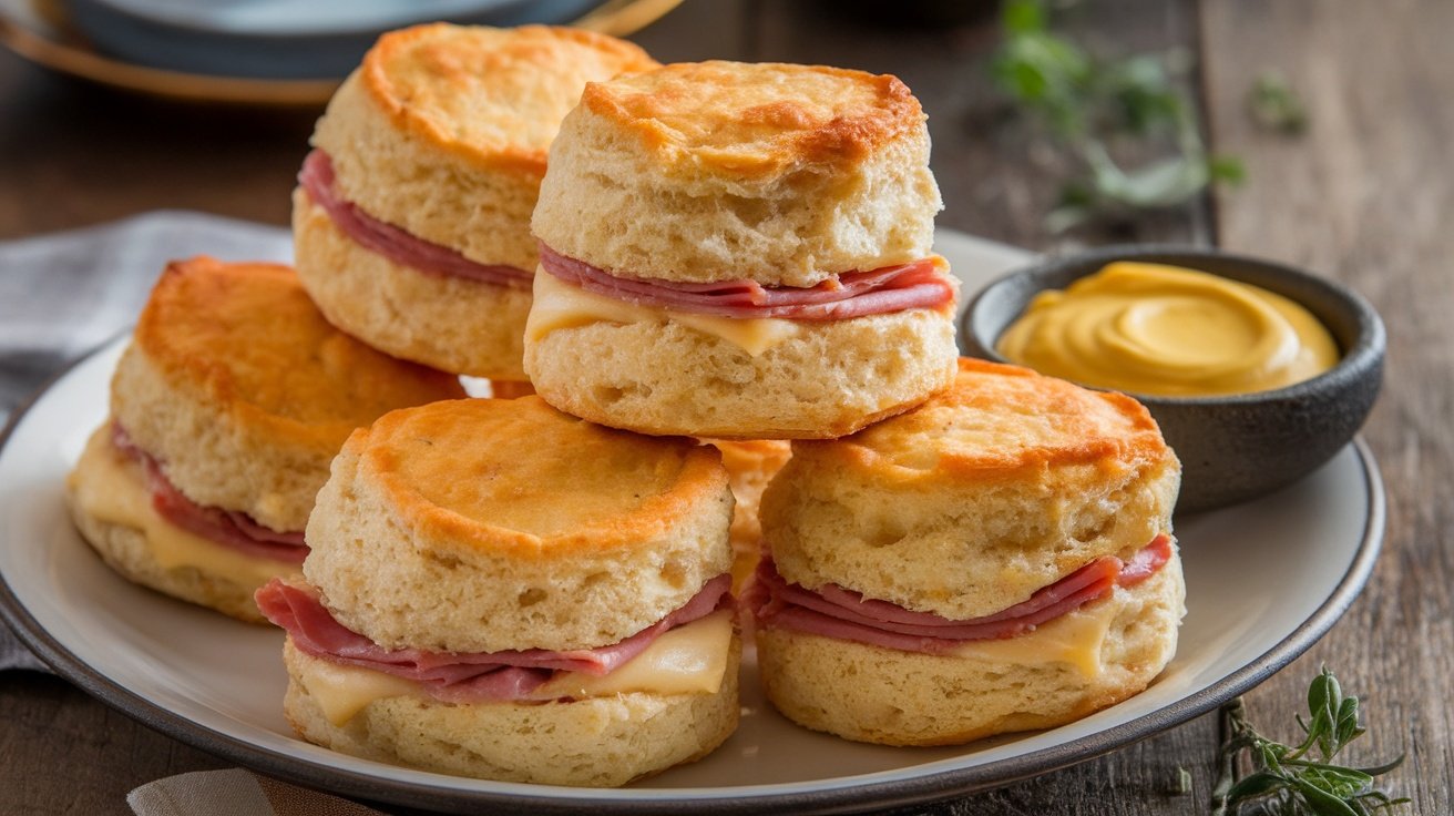 Ham and Cheese Stuffed Biscuits with Mustard
