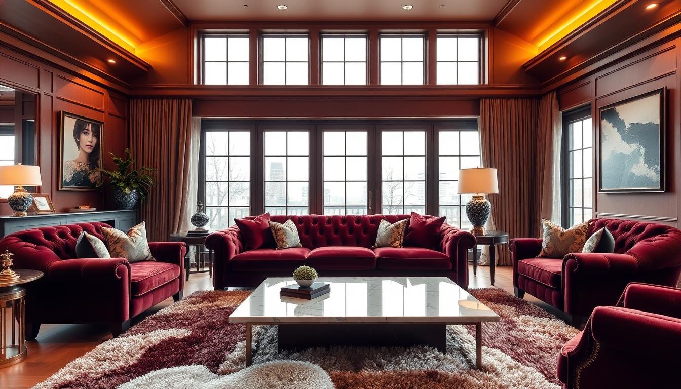 velvet sofas and marble tables